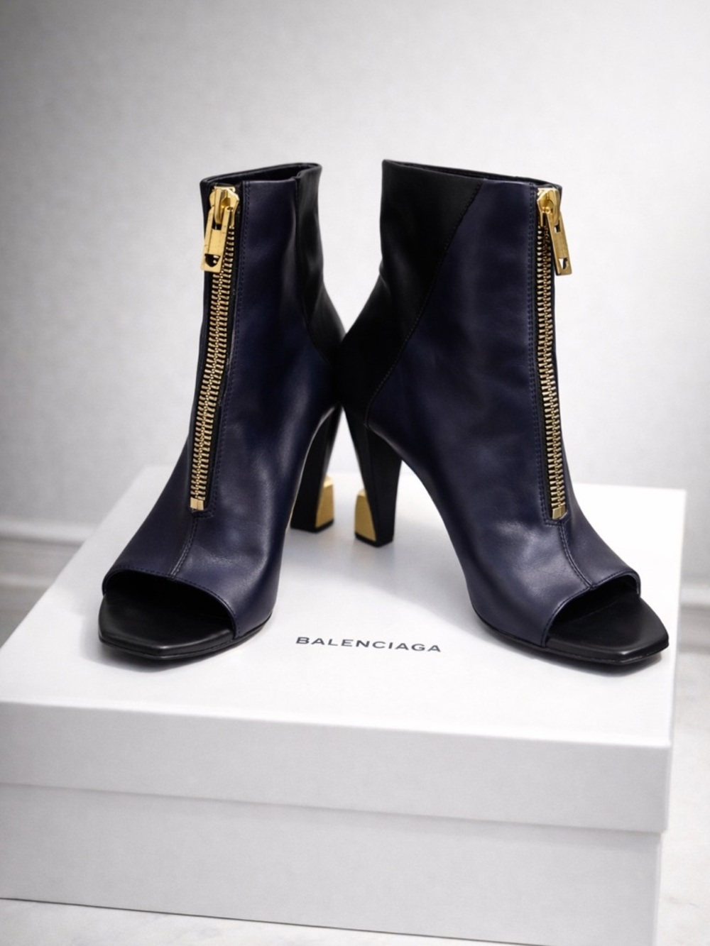 Balenciaga Navy & Black Leather Zipper Peep Toe Heel Boots Size 41.5 $1175